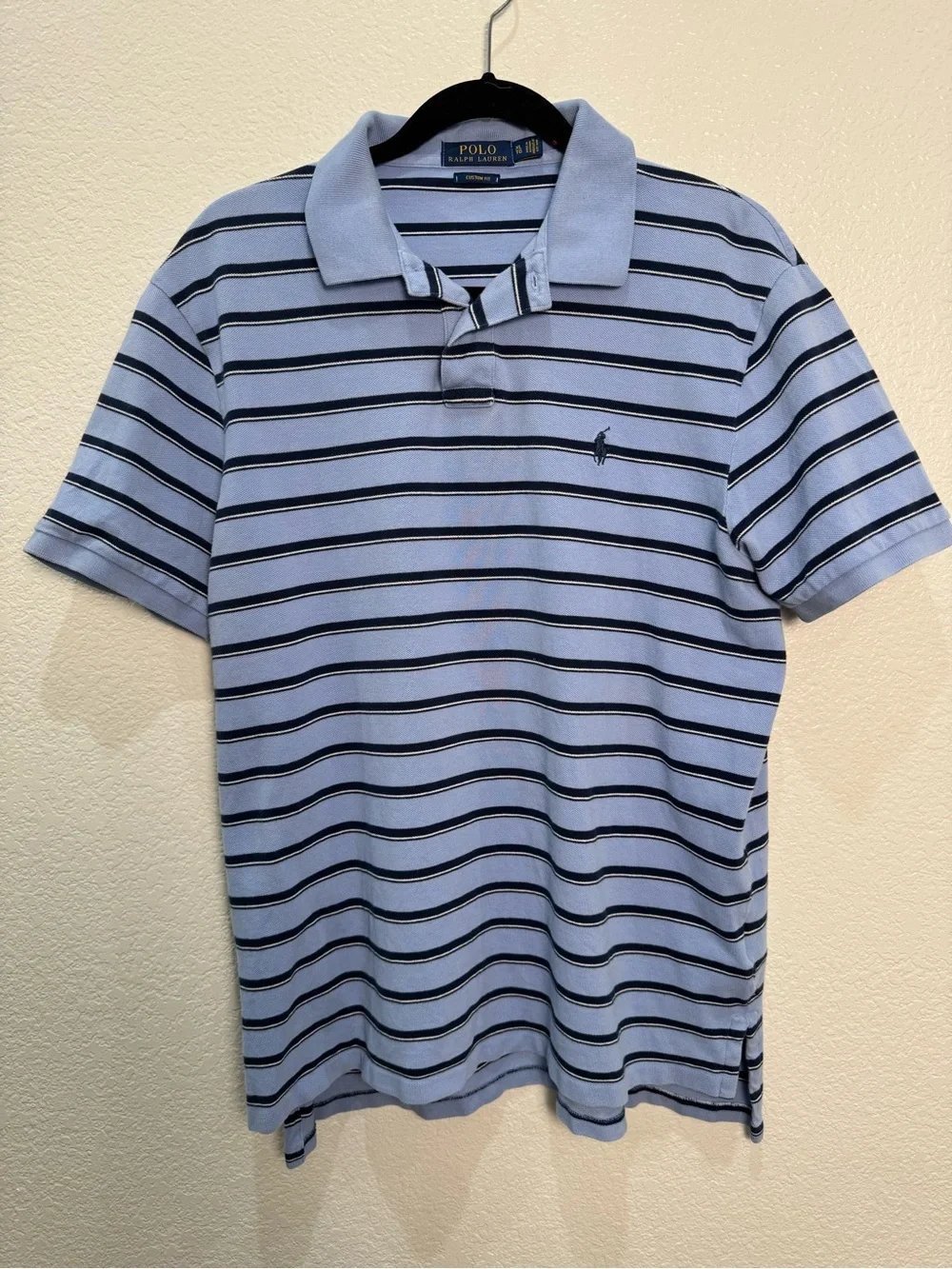 Polo Ralph Lauren Mens XL Custom Fit Blue Striped Cotton Pony Polo Shirt